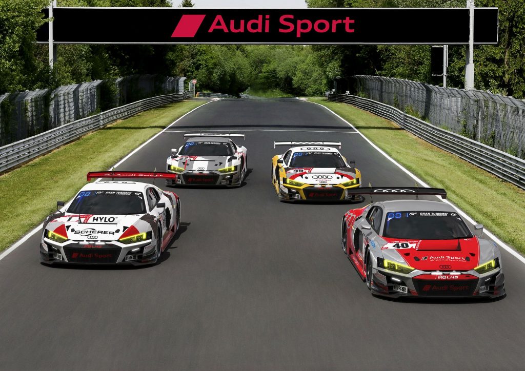 Audi R8 LMS #40 (Audi Sport Team Scherer PHX), Mike Rockenfeller/Timo Scheider/Martin Tomczyk; Audi R8 LMS #1 (Audi Sport Team Scherer PHX), Mattia Drudi/Ricardo Feller/Dennis Lind/Frédéric Vervisch; Audi R8 LMS #39 (Audi Sport Team Land), Christopher Haase/Christopher Mies/Patric Niederhauser; Audi R8 LMS #22 (Audi Sport Team Car Collection), Luca Engstler/Max Hofer/Gilles Magnus/Dennis Marschall