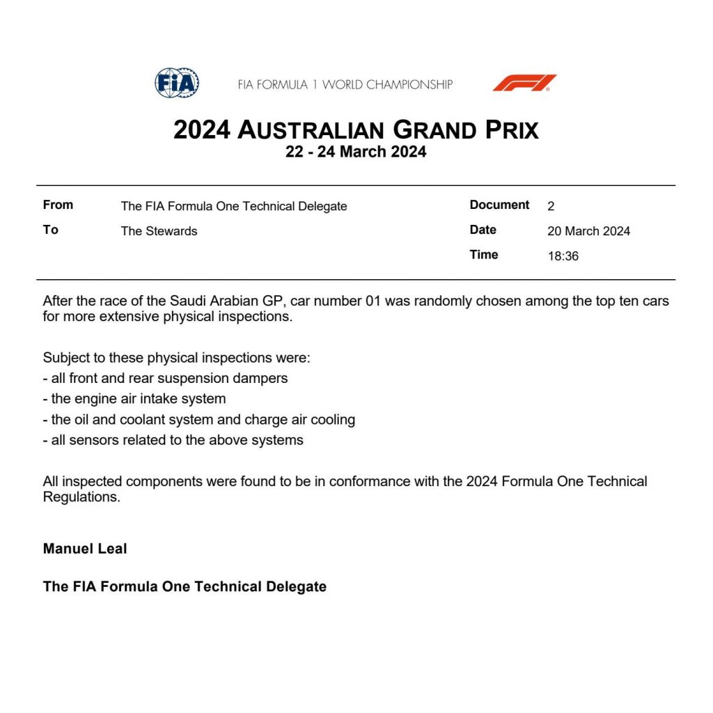 FIA Formel 1 Mitteilung